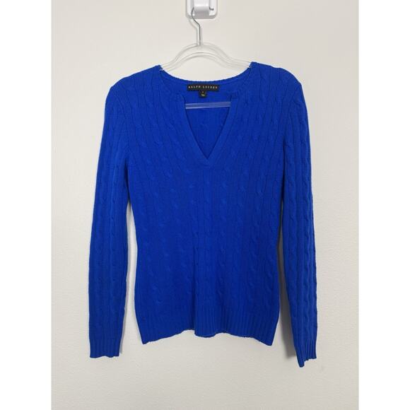 Ralph Lauren Black Label 100% Cashmere Cable V-Neck Sweater Cobalt Blue S - Picture 1 of 11